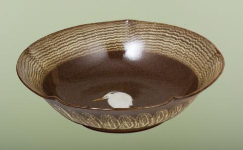 [G232p］〈現川焼臥牛窯〉白鷺文菓子鉢