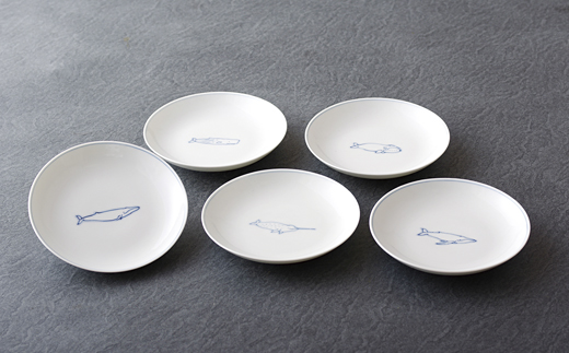 [G102p］〈光雲窯〉絵変わり鯨豆皿5枚組