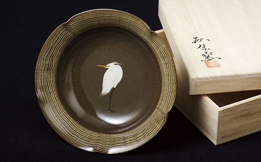 [G232p］〈現川焼臥牛窯〉白鷺文菓子鉢