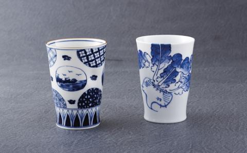 [G105p][平戸洸祥団右ヱ門窯]染付一方押しフリーカップ2客