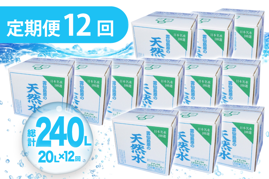 BE249 山崎本店酒造場 【12回定期便】 雲仙島原の天然水 20L [ 水 天然水 ウォーター おいしい 定期便 定期 1年 名水百選 大容量 日用品 軟水 長崎県 島原市 ]