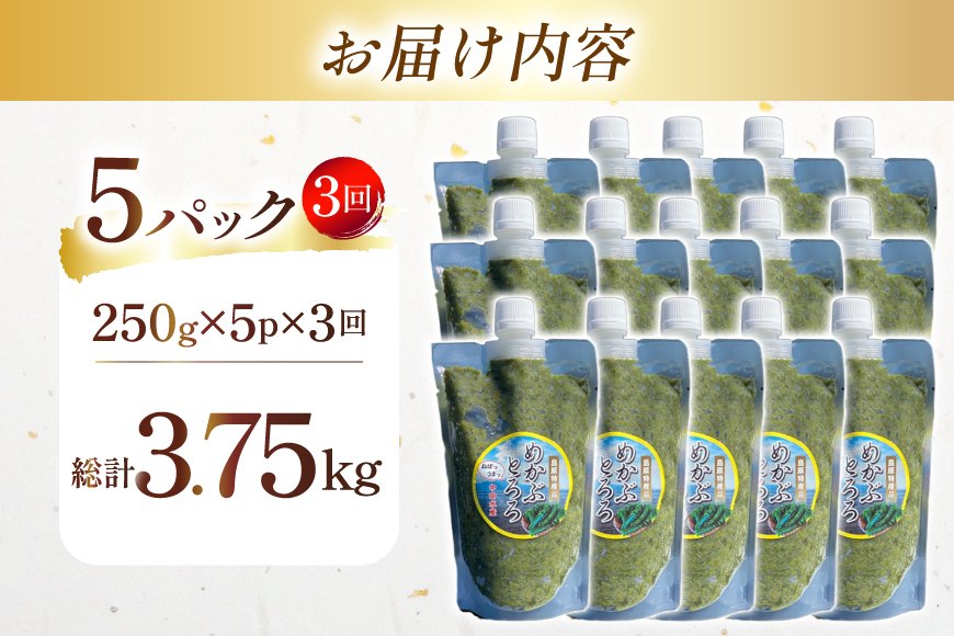 AJ654 めかぶ 有明海産 無添加めかぶとろろ 250g×5パック 定期便 3回 隔月 [ きざみめかぶ とろろ わかめ 海藻 無添加 冷凍 小分け チューブ ご飯のお供 中田水産 長崎県 島原市 ]