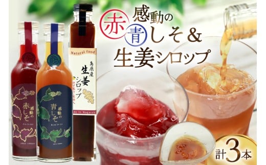 AJ310 感動の赤しそジュース 瓶 200ml 感動の青しそジュース 瓶 200ml 生姜シロップ 瓶 250ml 飲み比べセット [ しそジュース 紫蘇ジュース 赤しそ 青しそ 長崎県 島原市 ]