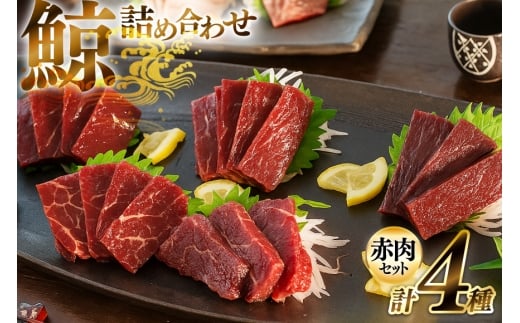 BJ148 くじら 赤肉 4種詰め合わせ 計740g ( 小切れ 胸肉 背肉 特選 )[ くじら クジラ 鯨肉 湯引き 簡単調理 おつまみ 肴 珍味 日野商店 長崎県 島原市 ]