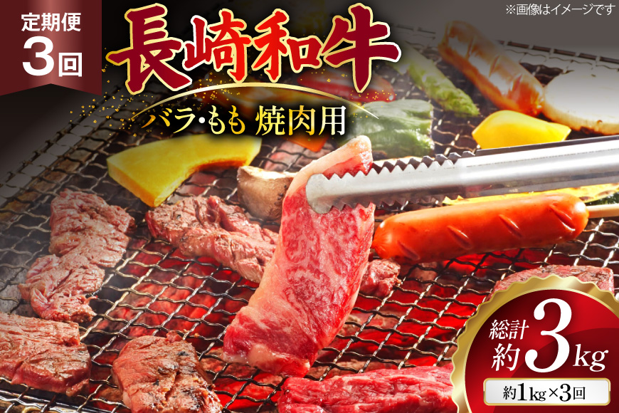 AJ571 【3回定期便】長崎和牛 焼肉セット 計約1kg バラ 霜降り(500g)・もも(500g) [ 肉 牛肉 和牛 高級 おいしい ステーキ肉 まるしん商会 黒牛 長崎県 島原市 ]
