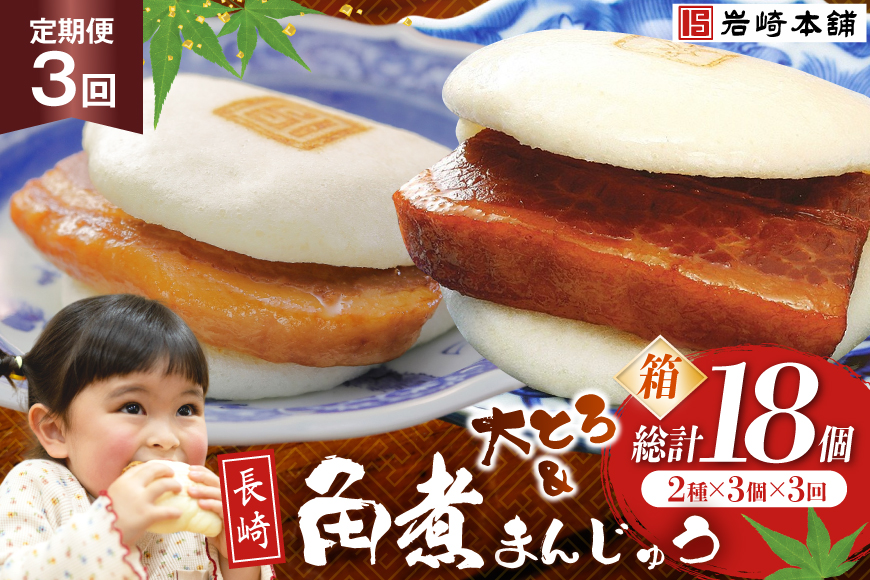 BJ064 岩崎本舗 【3回定期便】長崎自慢セット(長崎角煮まんじゅう 3個・大とろ角煮まんじゅう 3個) (箱) [長崎県 島原市]