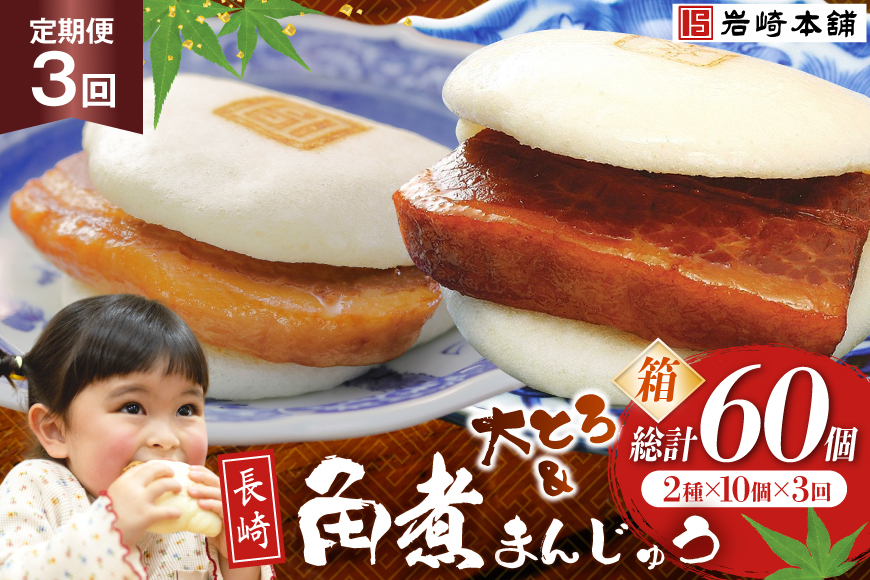 BJ076 岩崎本舗 【3回定期便】長崎角煮まんじゅう 10個入・大とろ角煮まんじゅう 10個入 (箱) [長崎県 島原市]