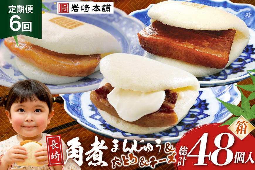 BJ518 岩崎本舗 【6回定期便】三種食べ比べセット(長崎角煮まんじゅう 4個・大とろ角煮まんじゅう 2個・チーズ角煮まんじゅう 2個) (箱) [岩崎食品 長崎県 島原市]