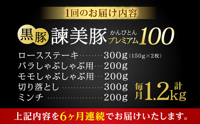 【6回定期便】＜特Aのブランド米で育てた＞黒豚諫美豚プレミアム100 5種セット 計1.2kg( ロースステーキ バラ モモ 切り落とし ひき肉 ) / 豚肉 ロース ステーキ 挽き肉 ミンチ / 諫早市 / 株式会社土井農場 [AHAD112]