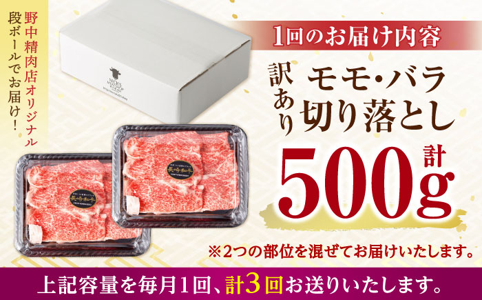 【3回定期便】【訳あり】長崎和牛 切り落とし 赤身 モモ バラ 500g(250g×2) / 長崎和牛 A5ランク ワケあり 小間切れ / 諫早市 / 野中精肉店 [AHCW012]