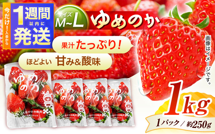 【1週間以内発送/限定数量】【家庭用に最適】長崎いちご「ゆめのか」M～Lサイズ 約250g×4パック 合計1000g /苺 イチゴ フルーツ デザート ジューシー 食卓 おやつ 1kg 4P /諫早市/長崎県央農業協同組合Aコープ本部 [AHAA034]
