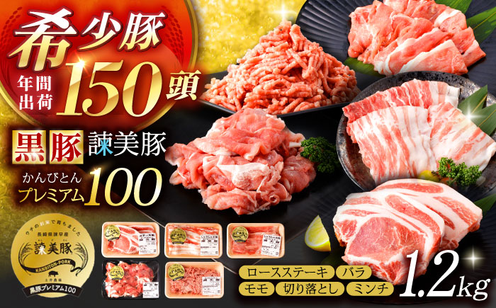 黒豚諫美豚プレミアム100 5種詰め合わせ 1.2kg / 豚肉 ぶたにく ロースステーキ しゃぶしゃぶ 切り落とし ミンチ / 諫早市 / 株式会社土井農場 [AHAD047]