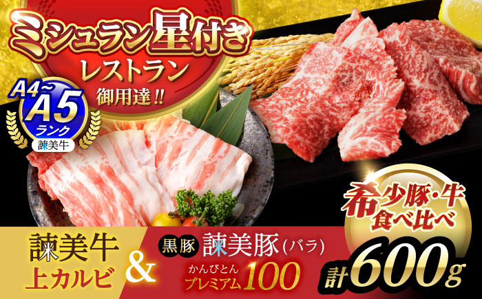 【ブランド牛＆ブランド豚の焼肉食べ比べ】諫美牛 上カルビ 300g ＆ 黒豚諫美豚プレミアム100 バラ肉 300g / カルビ 牛肉 食べ比べ A5 焼肉 豚バラ スライス ぶた ばらすらいす 小分け 肉 薄切り / 諫早市 / 株式会社土井農場 [AHAD103]