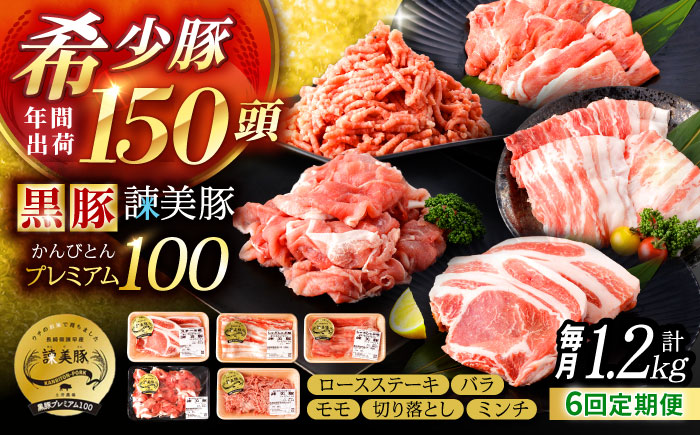 【6回定期便】＜特Aのブランド米で育てた＞黒豚諫美豚プレミアム100 5種セット 計1.2kg( ロースステーキ バラ モモ 切り落とし ひき肉 ) / 豚肉 ロース ステーキ 挽き肉 ミンチ / 諫早市 / 株式会社土井農場 [AHAD112]