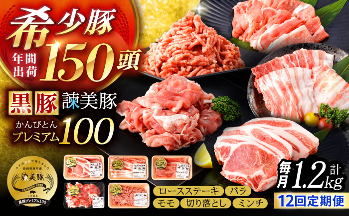 【12回定期便】＜特Aのブランド米で育てた＞黒豚諫美豚プレミアム100 5種セット 計1.2kg( ロースステーキ バラ モモ 切り落とし ひき肉 ) / 豚肉 ロース ステーキ 挽き肉 ミンチ / 諫早市 / 株式会社土井農場 [AHAD113]