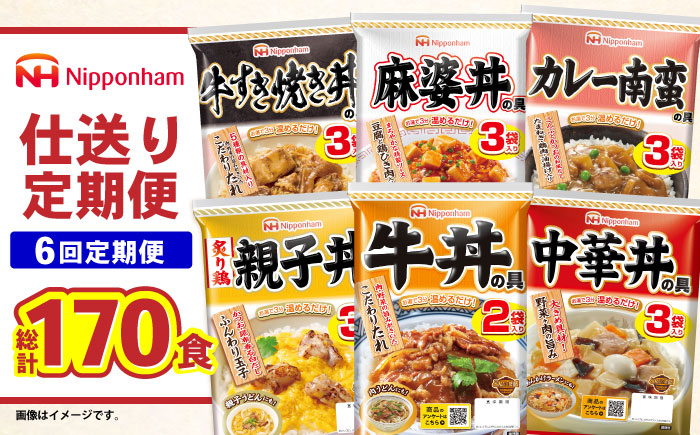 【6回定期便】仕送り定期便（丼コース） 6種 170食分 / 小分け レトルト どんぶり 丼 簡単 温める 仕送り 大学生 一人暮らし 単身赴任 防災 保存食 長期保存 常温 / 諫早市 / 日本ハム [AHAL029]