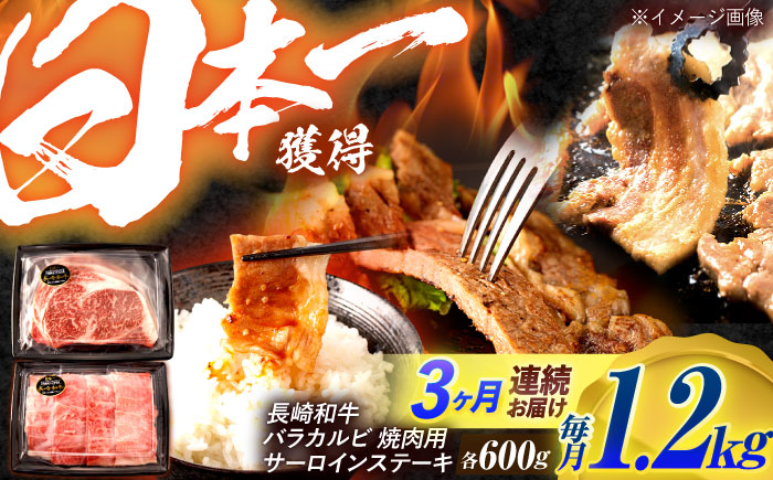 【3回定期便】長崎和牛 ステーキ・焼肉セット 600g×2パック / 牛肉 ぎゅうにく 肉 和牛 国産牛 焼き肉 やきにく ステーキ すてーき / 諫早市 / 西日本フード株式会社 [AHAV034]