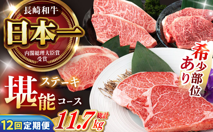 【12回定期便】 長崎和牛 A5 ステーキ堪能コース 総計11.7kg / モモ リブロース イチボ サーロイン ランプ ヒレ レモンステーキ / 肉 牛肉 ステーキ 焼肉 / 諫早市 / 野中精肉店 [AHCW086]