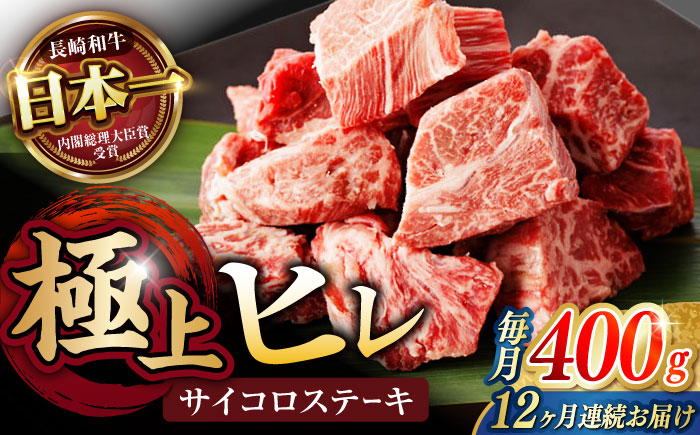 【12回定期便】 【一口で広がる贅沢な旨味！】長崎和牛 A5 ヒレサイコロステーキ 400g / ヒレ ひれ ヒレステーキ ステーキ すてーき サイコロステーキ / 諫早市 / 野中精肉店 [AHCW108]