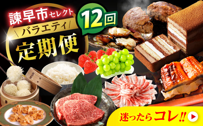 【諫早市市制施行20周年特別企画】【12回定期便】バラエティ定期便 諫早市セレクト / ステーキ 菓子 いちご 牡蠣 ハンバーグ しゅうまい うなぎ ケーキ シャインマスカット 米 豚肉 かまぼこ / 諫早市 [AHDC040]