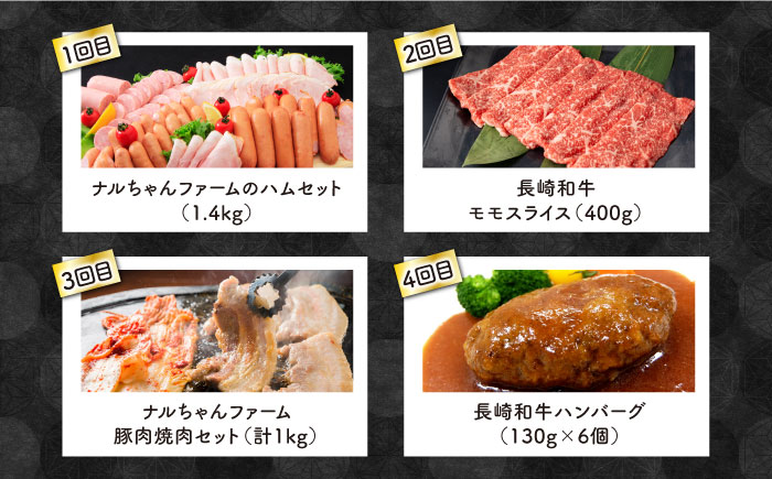 【4回定期便】長崎和牛・大村産豚肉コース 総量3.58kg / 牛肉 モモ もも すき焼き すきやき しゃぶしゃぶ 焼肉 焼き肉 豚肉 豚ロース ロース ろーす 豚モモ モモ もも 豚バラ バラ ばら ロースハム ハム はむ ウインナー ういんなー ソーセージ そーせーじ フランク ハンバーグ はんばーぐ 小分け 肉定期便 / 大村市 / おおむら夢ファームシュシュ[ACAA071]