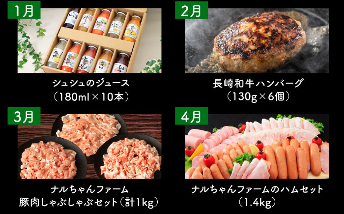 【12回定期便】ビジネスクラス定期便（ ジュース ハンバーグ ハムセット ジェラート プリン ジュレ 長崎和牛 豚肉 ）/ じゅーす はんばーぐ ロースハム ハム  ウインナー ソーセージ フランク じぇらーと じゅれ ロース ろーす 定期便 / 大村市 おおむら夢ファームシュシュ[ACAA098]