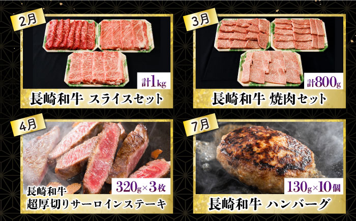 【8回定期便】長崎和牛 満喫コース（焼肉・ハンバーグ・ステーキ）総量7.4kg / 牛肉 ハンバーグ はんばーぐ モモ もも ロース ろーす 肩ロース リブロース りぶろーす すき焼き すきやき しゃぶしゃぶ 焼肉 焼き肉 サーロインステーキ さーろいんすてーき サーロイン さーろいん ステーキ すてーき 小分け 牛肉定期便 / 大村市 / おおむら夢ファームシュシュ[ACAA103]