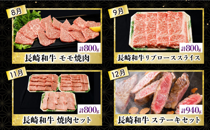 【8回定期便】長崎和牛 満喫コース（焼肉・ハンバーグ・ステーキ）総量7.4kg / 牛肉 ハンバーグ はんばーぐ モモ もも ロース ろーす 肩ロース リブロース りぶろーす すき焼き すきやき しゃぶしゃぶ 焼肉 焼き肉 サーロインステーキ さーろいんすてーき サーロイン さーろいん ステーキ すてーき 小分け 牛肉定期便 / 大村市 / おおむら夢ファームシュシュ[ACAA103]