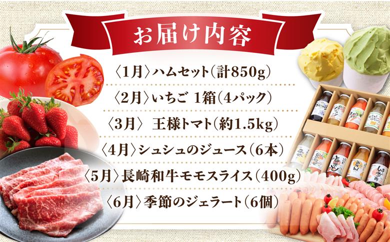 【2026年8月より内容量変更】【12回定期便】選りすぐり！人気セレクト Bコース（ ハムセット いちご トマト ジュース 長崎和牛 ジェラート プリン ジュレ ぶどう お米 みかん 野菜 果物 ）/ ロースハム ハム  ウインナー フランク イチゴ 苺 とまと モモ ロース リブロース コメ こめ 米 ミカン 蜜柑 やさい くだもの フルーツ 定期便 / 大村市 / おおむら夢ファームシュシュ[ACAA123]