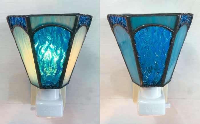 【受注生産】 おやすみ ランプ (六面体) ステンドグラス 水色 / 照明 ライト ランプ ステンドグラス / 大村市 / ステンドグラス工房ウォークオン [ACZT003]