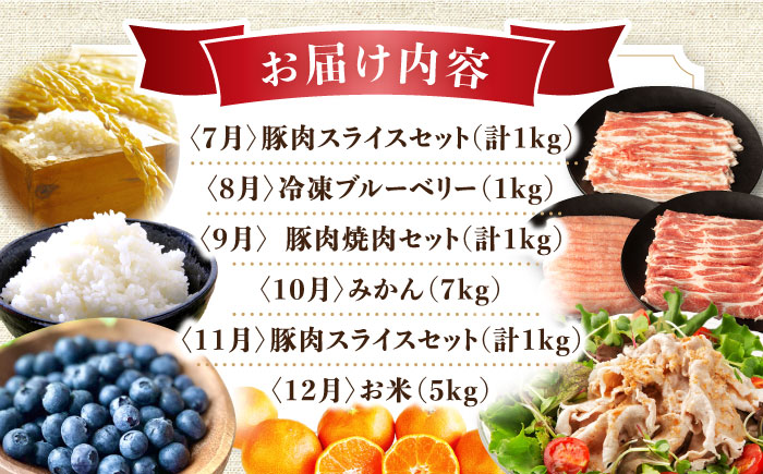 【12回定期便】豚肉＆農産物 ブルーベリーコース（ 豚肉 いちご ハムセット 野菜 果物 ブルーベリー みかん お米 ）/ ロース モモ バラ イチゴ 苺 やさい くだもの フルーツ ふるーつ ロースハム ウインナー ソーセージ フランク ぶるーべりー 蜜柑 ミカン コメ こめ 米 定期便 / 大村市 / おおむら夢ファームシュシュ[ACAA124]