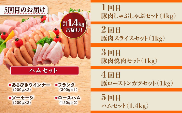 【5回定期便】ナルちゃんファーム 豚肉三昧お楽しみコース 総量5.4kg（豚肉しゃぶしゃぶ・スライス・焼肉・とんかつ計4kg ハムセット1.4kg）/ 豚肉 ロースハム ハム はむ ウインナー ういんなー ソーセージ そーせーじ フランク 豚ロース ロース ろーす 豚モモ モモ もも 豚バラ バラ 焼肉 しゃぶしゃぶ スライス 豚肉定期便 / 大村市 / おおむら夢ファームシュシュ[ACAA075]