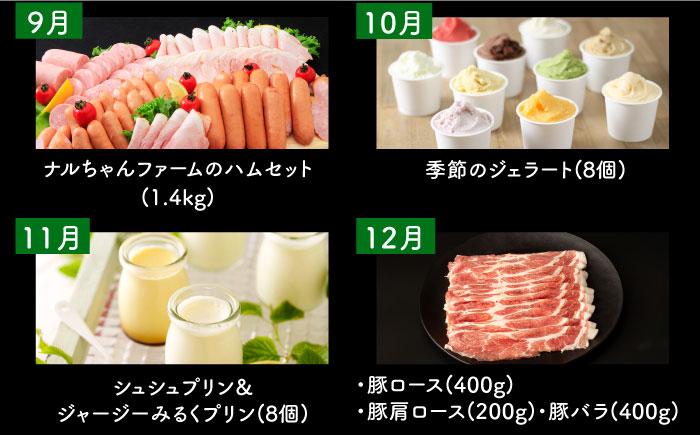 【12回定期便】ビジネスクラス定期便（ ジュース ハンバーグ ハムセット ジェラート プリン ジュレ 長崎和牛 豚肉 ）/ じゅーす はんばーぐ ロースハム ハム  ウインナー ソーセージ フランク じぇらーと じゅれ ロース ろーす 定期便 / 大村市 おおむら夢ファームシュシュ[ACAA098]