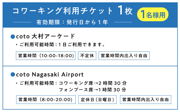 長崎空港直結のコワーキングスペース利用券 1枚 / コワーキングスペース 利用券 チケット / 大村市 / 株式会社大村湾商事 [ACBG001]
