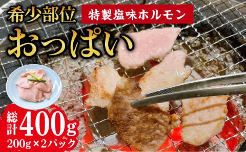 【希少部位おっぱい】特製塩味ホルモン  計400g（200g×2P）/ ホルモン ほるもん 塩ホルモン 豚ホルモン 希少部位 国産 豚 胃袋 焼肉 塩味 BBQ / 大村市 / 塩ホルモンろくめい[ACAO003]