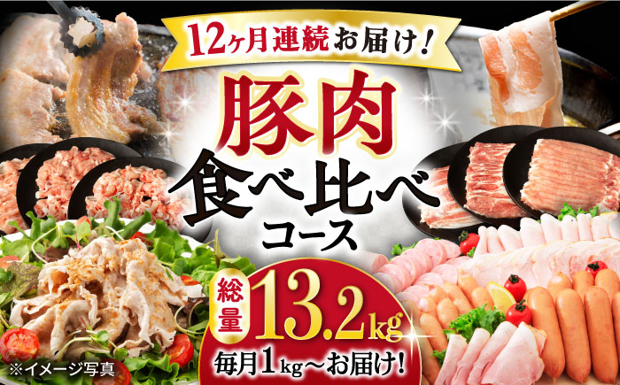 【12回定期便】ナルちゃんファーム豚肉食べ比べコース 総量13.2kg（豚肉しゃぶしゃぶ・スライス・焼肉・とんかつ・ハムセット）/ 豚肉 ロースハム ハム はむ ウインナー ういんなー ソーセージ そーせーじ フランク 豚ロース ロース ろーす 豚モモ モモ もも 豚バラ バラ ばら 焼肉 しゃぶしゃぶ スライス 小分け 豚肉定期便 / 大村市 / おおむら夢ファームシュシ[ACAA095]