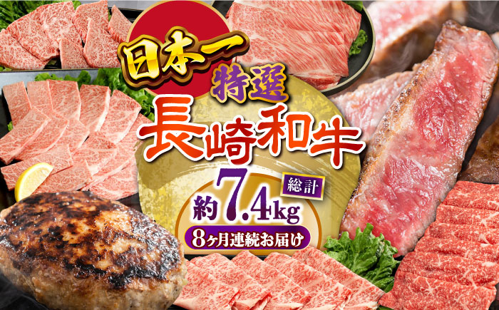 【8回定期便】長崎和牛 満喫コース（焼肉・ハンバーグ・ステーキ）総量7.4kg / 牛肉 ハンバーグ はんばーぐ モモ もも ロース ろーす 肩ロース リブロース りぶろーす すき焼き すきやき しゃぶしゃぶ 焼肉 焼き肉 サーロインステーキ さーろいんすてーき サーロイン さーろいん ステーキ すてーき 小分け 牛肉定期便 / 大村市 / おおむら夢ファームシュシュ[ACAA103]