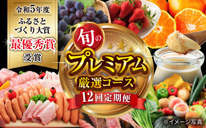【12回定期便】プレミアム厳選コース（ 野菜 果物 プリン いちご ジェラート ジュース 長崎和牛 プリン ぶどう 梨 ハムセット みかん お米 ）/ やさい くだもの フルーツ ふるーつ イチゴ 苺 サーロインステーキ ブドウ 葡萄 ナシ なし ロースハム ウインナー ソーセージ フランク ミカン 蜜柑 米 こめ コメ 定期便 / 大村市 / おおむら夢ファームシュシュ[ACAA126]
