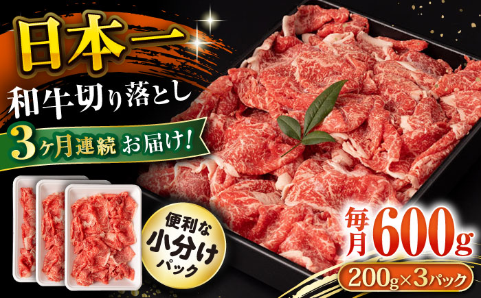 【3回定期便】長崎和牛 切り落とし 600g/月（総計1.8kg） / 牛肉 切り落とし 切りおとし きりおとし すき焼き 小分け / 大村市 / おおむら夢ファームシュシュ [ACAA222]