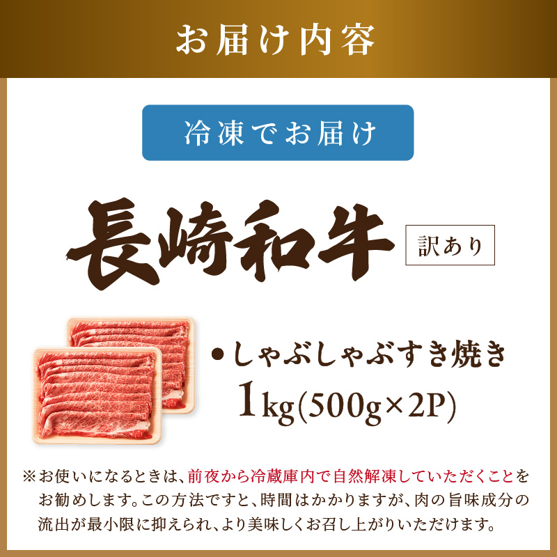 訳あり！【A4～A5】長崎和牛しゃぶしゃぶすき焼き用(肩ロース肉・肩バラ・モモ肉)1kg(500g×2p)( 牛肉 和牛 おすすめ しゃぶしゃぶ すき焼き 牛肉 冷凍 国産 送料無料 肉 プレゼント 小分け お取り寄せ 美味しい )【B8-036】