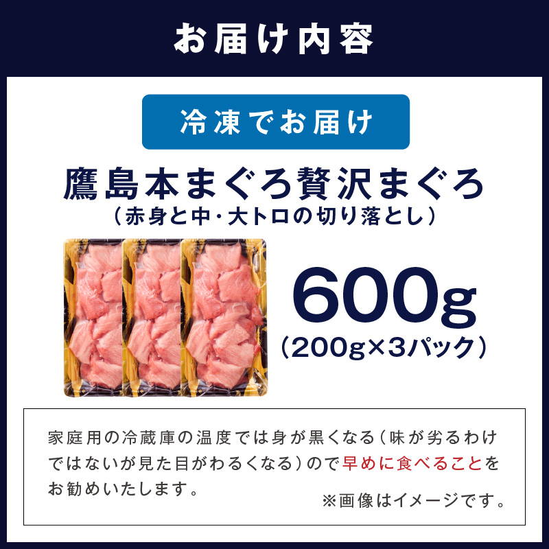 鷹島産本まぐろ 贅沢まぐろ たっぷり2人前(赤身と中・大トロの切り落とし200g)×3パック( まぐろ マグロ 鮪 大トロ 中トロ 赤身 本まぐろ 切り落とし 簡単解凍 )【B8-042】