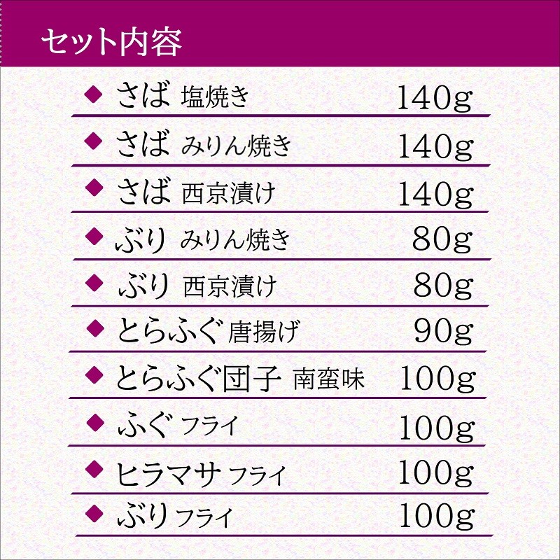 漁協直送！レンジで本格焼き魚と揚げ物10種セット ( 焼き魚 揚げ物 レンジで簡単 サバ さば ぶり ブリ ふぐ フグ ヒラマサ フライ 唐揚げ みりん焼き )【C3-029】