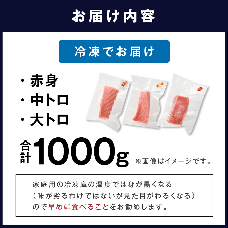 鷹島本まぐろ柵(赤身・中トロ・大トロ) 合わせて1000g( マグロ まぐろ 赤身 中トロ 大トロ 本まぐろ 手軽 おつまみ 柵 流水解凍 )【E2-014】