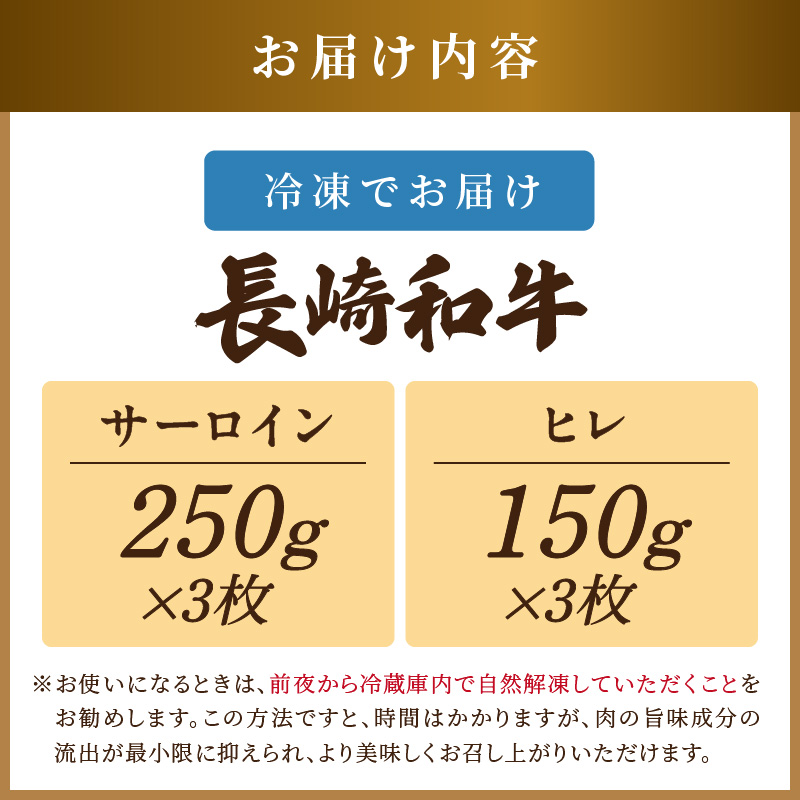 【A4～A5】長崎和牛 サーロイン250g×3枚 ヒレ150g×3枚( 肉 牛肉 牛 長崎和牛 国産牛 サーロイン ヒレ ステーキ ステーキ肉 お取り寄せ プレゼント ギフト 送料無料 )【F4-008】
