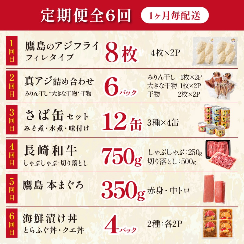 【全6回定期便】松浦堪能定期便 ( アジフライ まぐろ 肉 サバ缶 干物 みりん干し とらふぐ しゃぶしゃぶ すき焼き 海の幸定期便 美味しい 刺身 加工品 おかず )【H4-003】