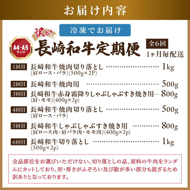 【全6回定期便】訳あり長崎和牛定期便 (長崎和牛 焼肉 切り落とし しゃぶしゃぶ すき焼き )【I2-003】