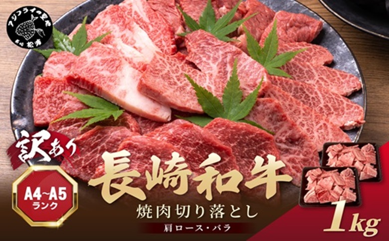訳あり！【A4～A5】長崎和牛焼肉切り落とし(肩ロース・バラ)1kg(500g×2P)( 牛肉 おすすめ 長崎和牛 バーベキュー 焼肉 切り落とし 冷凍 国産 送料無料 )【C0-089】