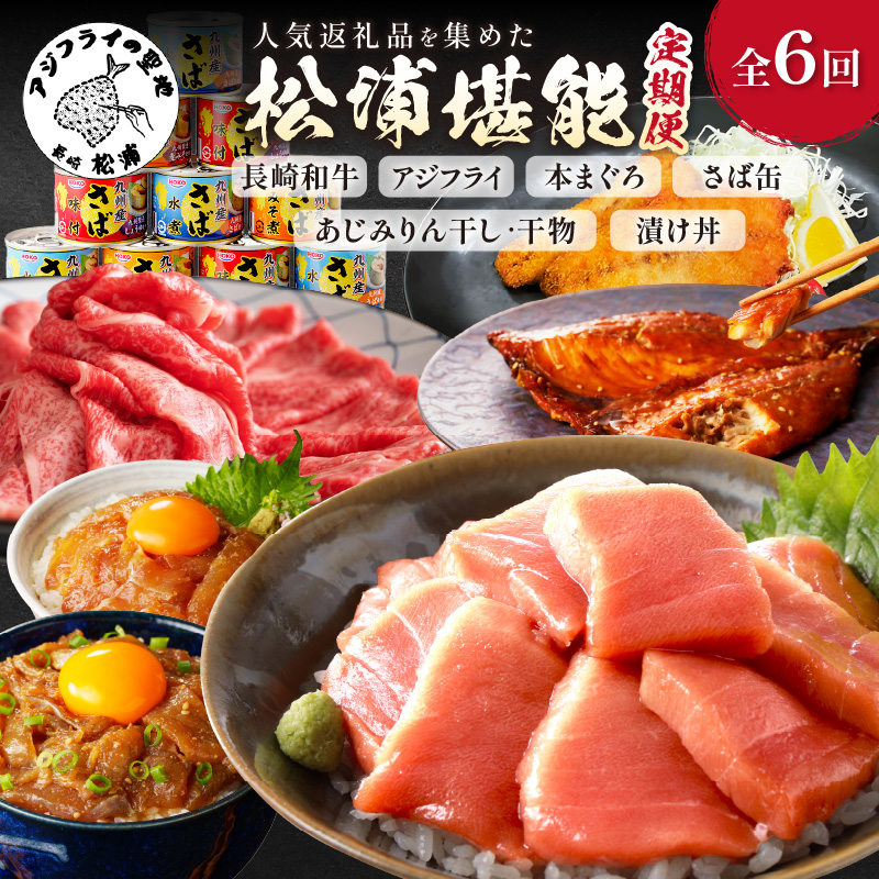 【全6回定期便】松浦堪能定期便 ( アジフライ まぐろ 肉 サバ缶 干物 みりん干し とらふぐ しゃぶしゃぶ すき焼き 海の幸定期便 美味しい 刺身 加工品 おかず )【H4-003】