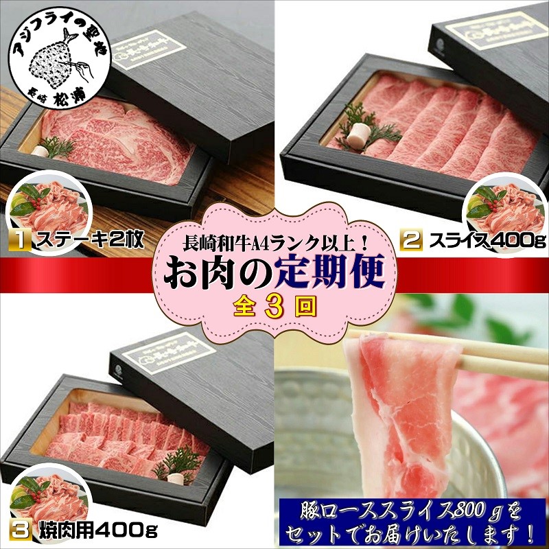 【全3回定期便】長崎和牛A4ランク以上 牛肉と豚ロースのセット定期便【J4-003】