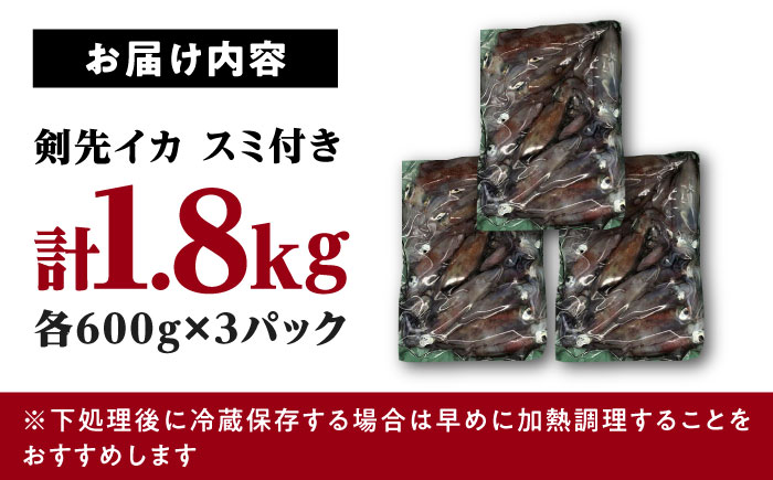 【12/23入金分まで年内発送】おスミ付き！ 訳アリ 剣先イカ 1.8kg(3パック)≪対馬市≫【対馬地域商社】 冷凍配送 新鮮 いか 簡単調理 産地直送 小分け イカスミパスタ [WAC051]